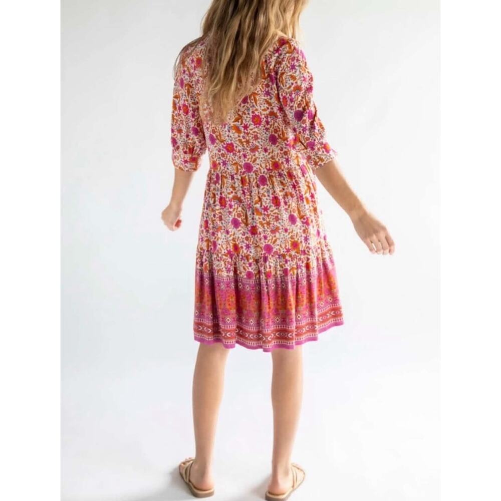 Natural Life Becca Short Dress Red Pink Floral Border Women’s Size Large L - Picture 2 of 12